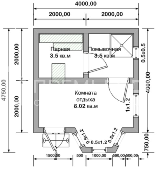 План каркасной бани 4х4.75 м. - Проект БК-4