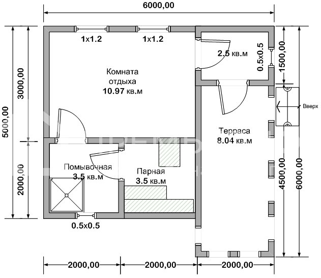 План бани из бруса 6х6 м. - Проект Б-7