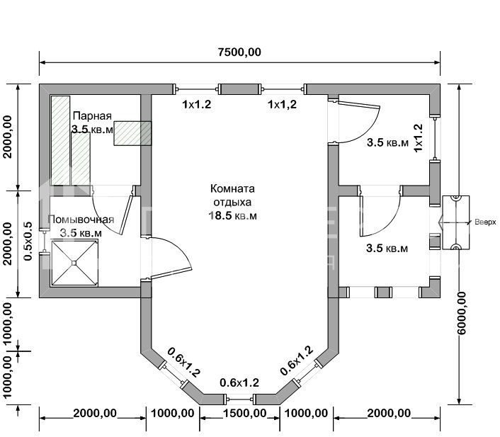 План бани из бруса 6х7.5 м. - Проект Б-8
