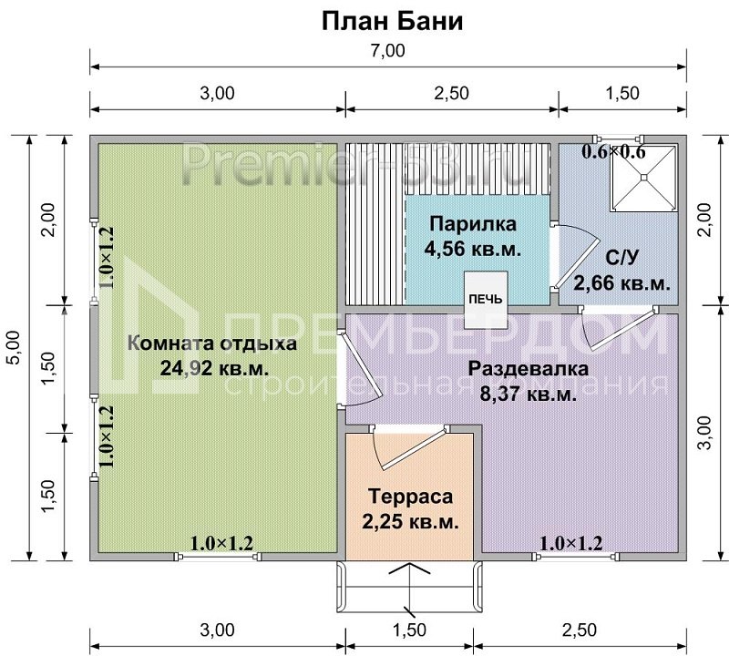 План бани из бруса 5х7 м. - Проект Б-19