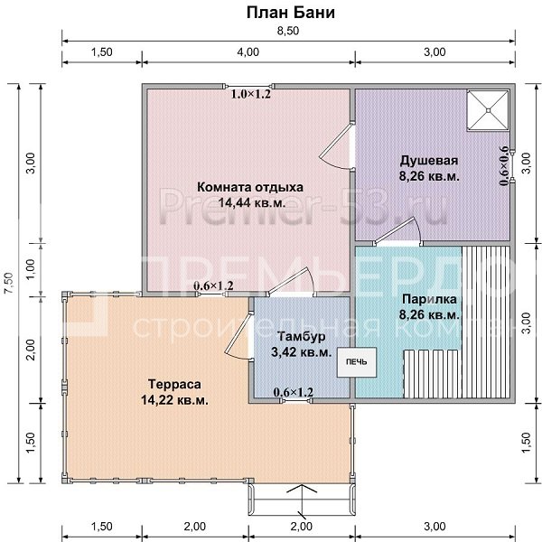 План бани из бруса 7.5х8.5 м. - Проект Б-21