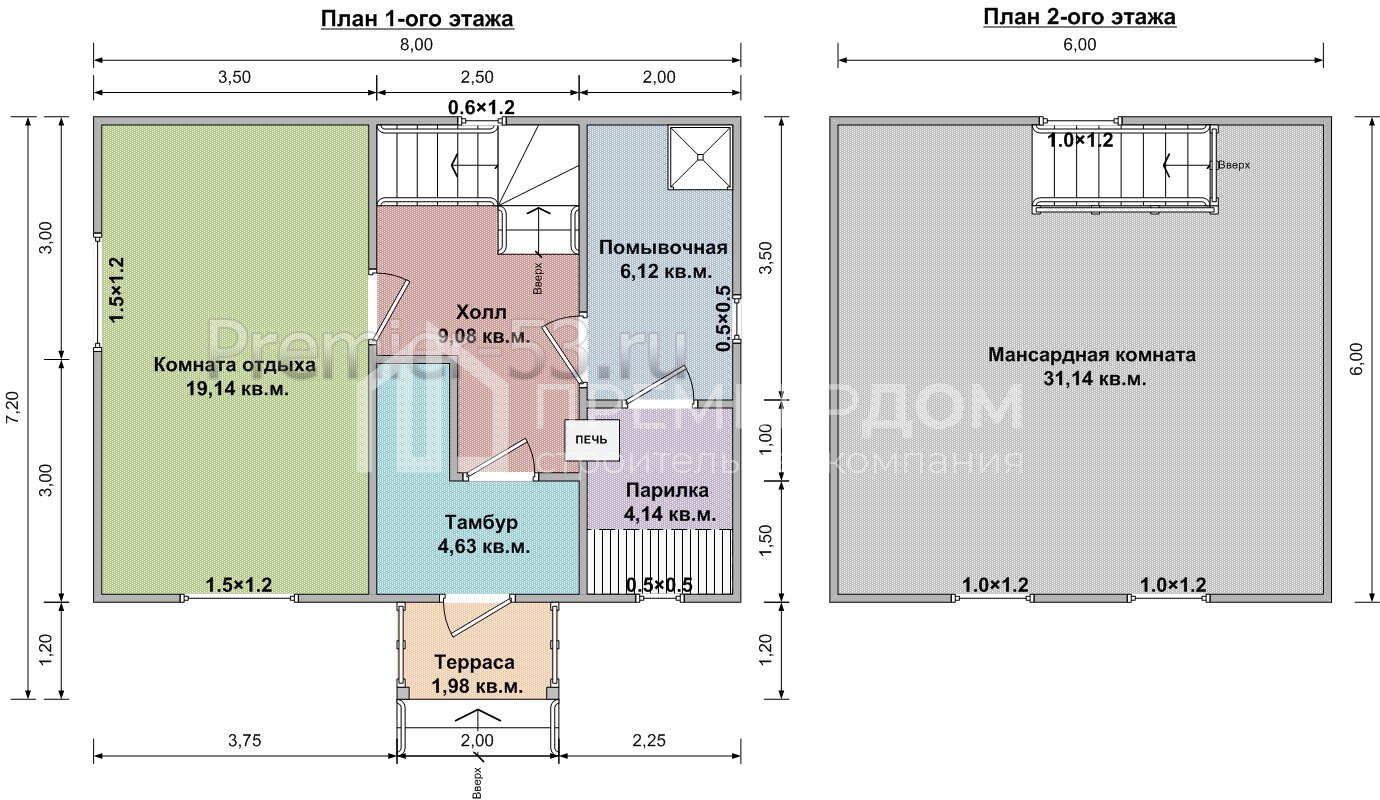 План бани из бруса 6х8 м. - Проект Б-23