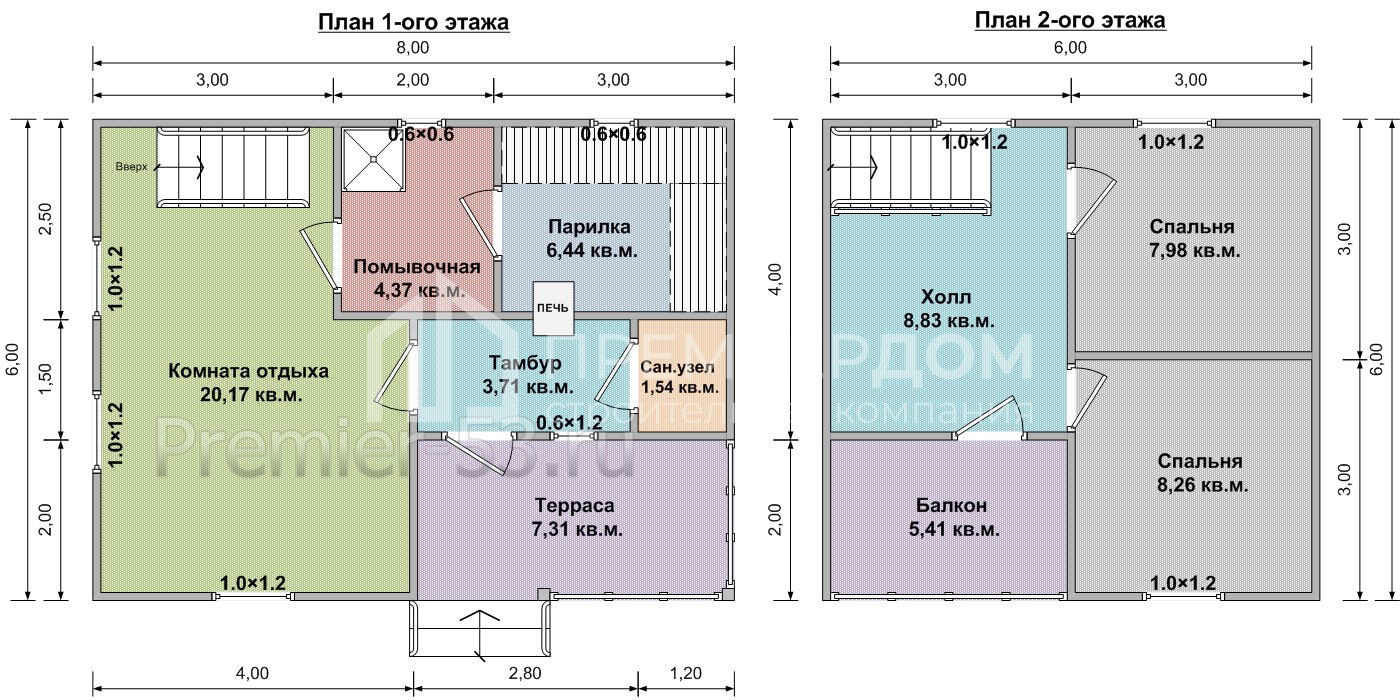План бани из бруса 6х8 м. - Проект Б-24
