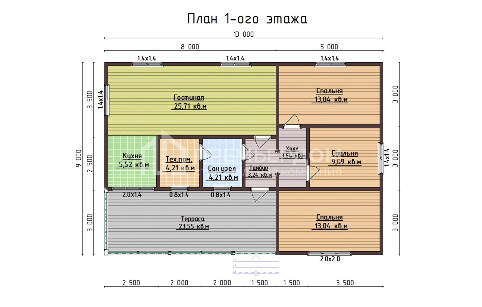 План дома из бруса 9х13 м. - Флет 2
