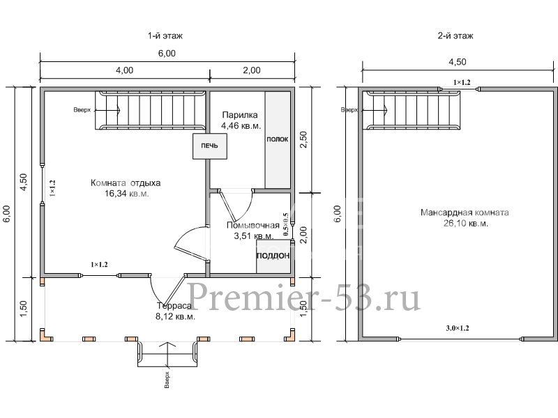 План бани из бруса 6х6 м. - Проект Б-15