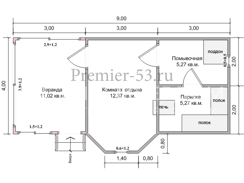 План каркасной бани 4х9 м. - Проект БК-17