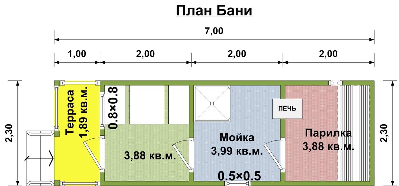 План мобильной бани 2,3х7 м. - Проект МБ-6