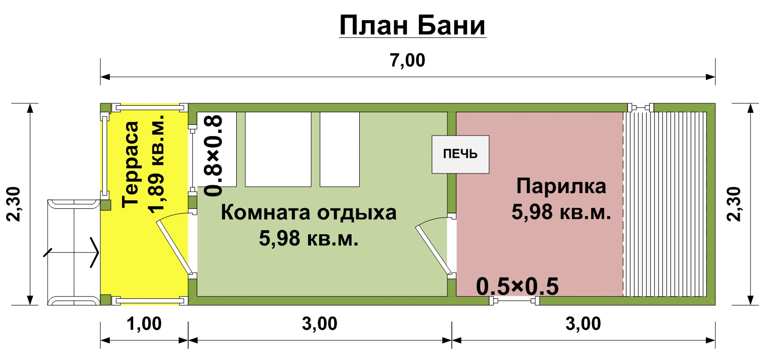 План мобильной бани 2,3х7 м. - Проект МБ-11